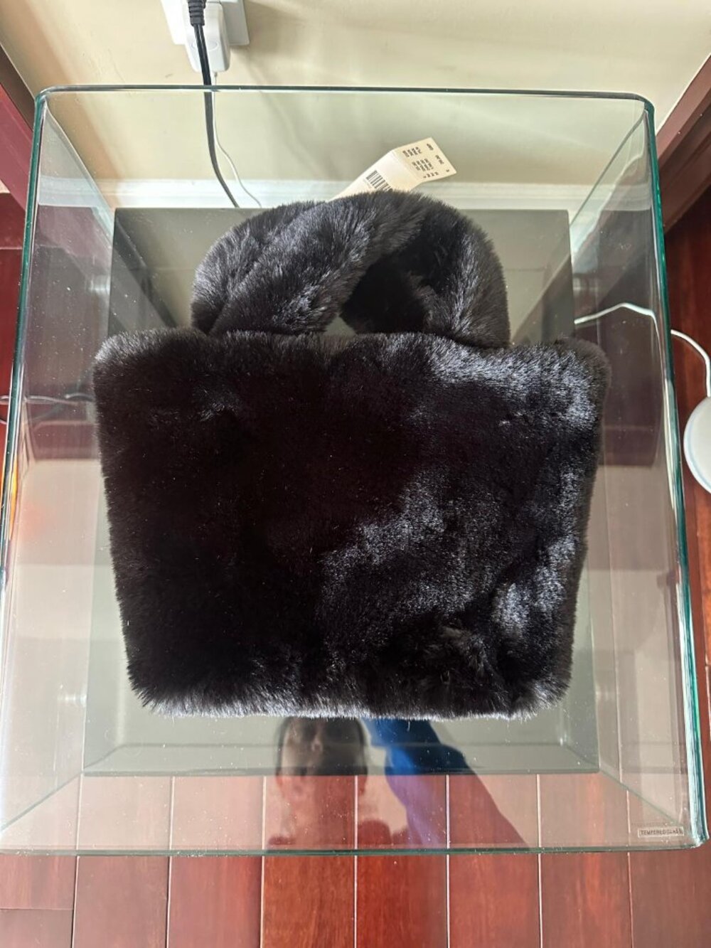 NWT URBAN OUTFITTERS Black Faux Fur Smiley Face Tote Bag | Plush Top Handle - Picture 3 of 5